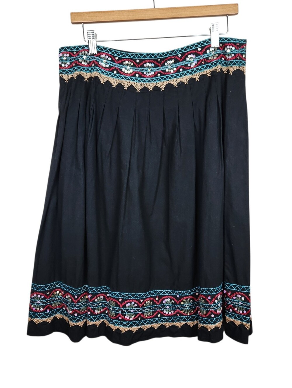 Willi Smith Black Flare Skirt Sequined Boho Pattern Cotton Skater Womens Size 12